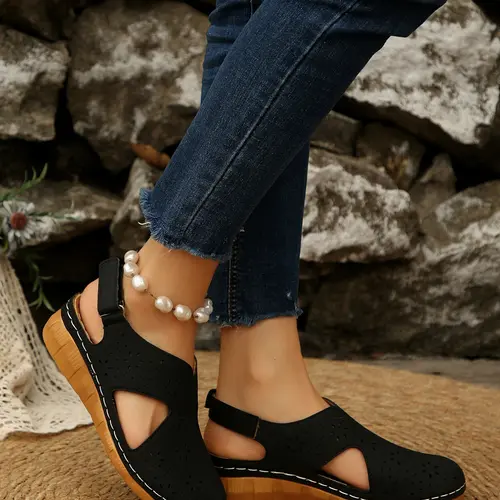 Women's 2026 Retro Hollow Out Wedge Sandals, Closed Toe Back Strap Comfortable Mom Shoes, Breathable Casual Summer Commute Shoes, Breathable Wedges Heels, Pu Leather Sandals, Casual Summer Footwear