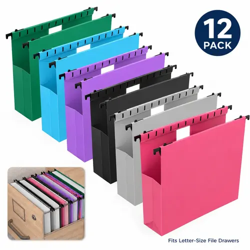 6/12 Pcs Reinforced Hanging File Storage Folders, Durable Plastic Accordion Pocket Design, 2-Inch Expandable Extra Capacity for A4&Letter Size Documents, Heavy Duty with Tabs for Filing Cabinets, File Storage Folder