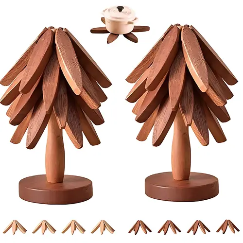 Natural Foldable Black Walnut Wooden Trivet Set, Heat-Resistant Tree Design with 4 Trivets & Stand, Wood Coasters for Hot Pots, Pans, Bowls, Kitchen Accessories Tableware couple gifts birthday Tree-Shaped tiktokshopspringglowup Iron,home essentials