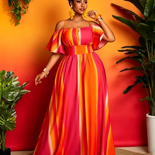 Plus Size and Gradient Striped Summer Casual Maxi Dress for Women, Chic Elegance Ruffled Off-Shoulder Ruffle Sleeve Empire Waist with Tassels, Tropical Holiday Beach Sun Dress for Curvy Figures