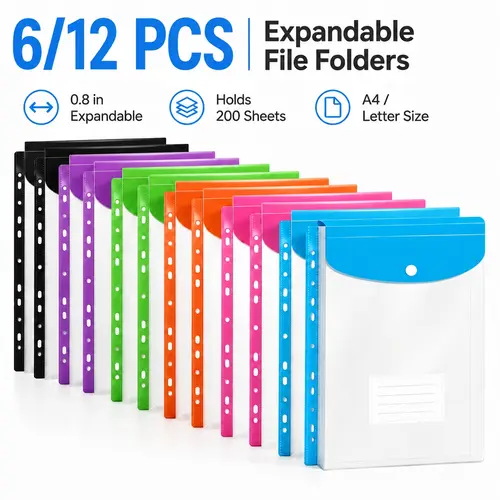 11-Hole Binder Pockets, 6/12 Pcs Translucent PP Material Organizers for 2/3/4 Ring Binders, Horizontal/Vertical Expandable Plastic Envelopes with Snap Closure & Label, 6 Assorted Colors for Letter Size Office Stationery