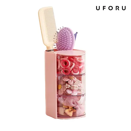 UFORU Kids Plastic Vanity Organizer for Vanity Organization, Pink Multi-Layered Dustproof Rotatable Storage Box with Drawers, Brush Holder to Organize Clips, Hair Ties, Bows, Combs, Small Jewelry, Rotatable Sides, Bathroom
