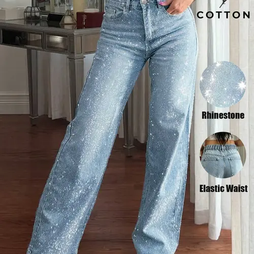 Women's Fashion High Waist Rhinestone Button Light Wash Denim Jeans Pants, Wide Leg Design Fit for All Body Types, Perfect for Daily Commute, Dates, Streetwear, Everyday