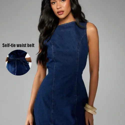 Women's American Retro Vintage Sleeveless Short Dark Wash Denim Summer Dress, A-Line Dress, Flattering Fit, Perfect for Daily Commute, Dates, Parties and Vacations