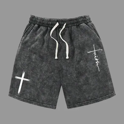 Men’s summer athletic shorts with cross pattern prints and faith art font prints; washed distressed cotton fabric. Casual loose fit with a drawstring waist and pockets. Retro street style from the 2000s—ideal for running, golf, fishing, basketball, campin