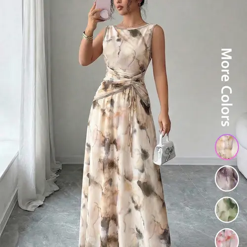 【Back to School Outfits】Spring Summer Women's French Vintage Ink Wash Print Sleeveless Dress, Fashion Sundress, Waist Tie Slimming, Elegant A-Line, Perfect for Art Exhibits, Vacations, Formal Events