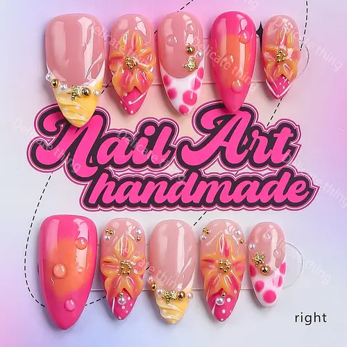 Delicatething Y2K Style Long Sharp Nails, Handmade Wearable Nail Set, 4 Sizes XS S M L, Beads, French Design, Nail Art Design, Perfect Gift for Women