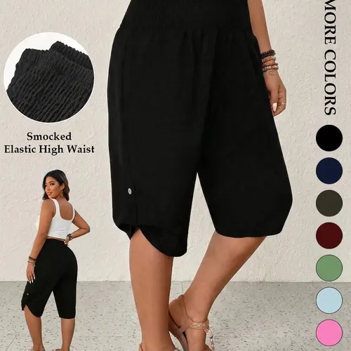 Women's Plus Size Capri Pants，Lightweight and comfortable fabric，Smocked Elastic High Waist Tummy Control Cropped Trousers Tulip Hem Button Casual Summer Lounge Flowy Trendy，Daily Commute Fit