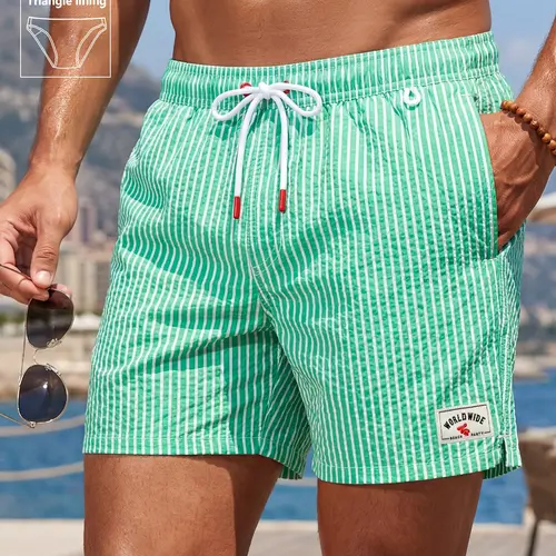 Men's Summer Quick-Dry Beach Shorts, Loose-Fitting Swim Trunks, Textured Bubble Mesh, Classic Stripes, Casual Party Style, Swimwear Shorts