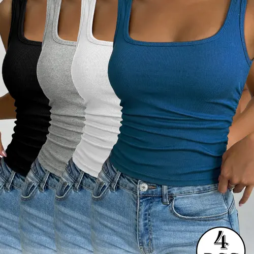 4 Pcs Versatile Casual Square Neck Ribbed Slim Fit Tank Tops for Daily Wear, Elastic Comfortable Plain Basic Tops, Casual Fashion Sleeveless