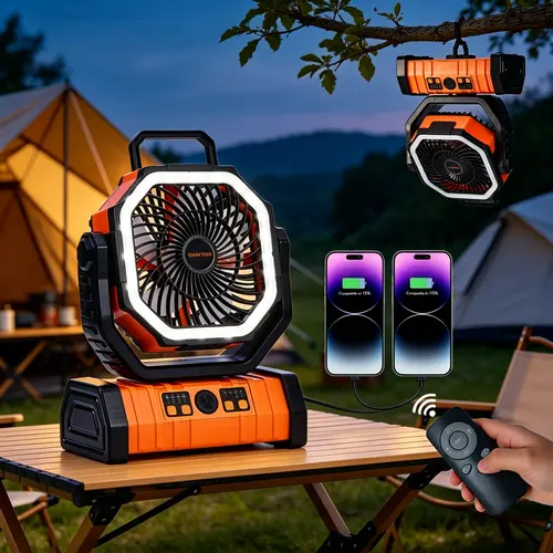 ️Qawtor  Outdoor Camping Emergency Fan - 2026 Upgraded 20000mAh Rechargeable, LED Light & Dual Motor, Lightweight with 360° Rotatable Hook,Travel with Ease,Modern Design