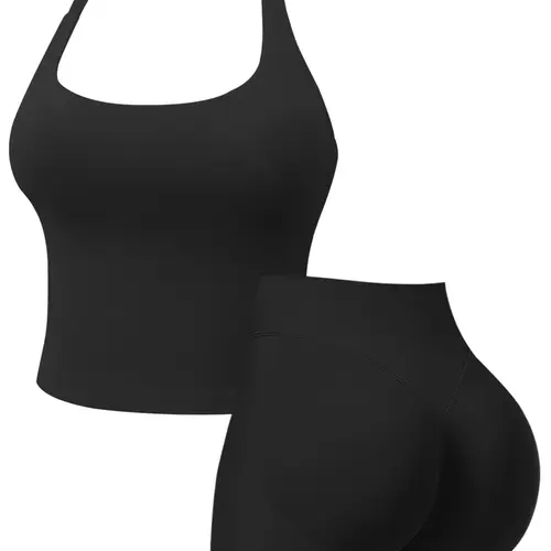 Two-Piece Set Women's Solid Color Halter Top & High Waist Shorts Sports Set, Sporty Breathable Quick Drying Outfits for Yoga Gym Workout Running, Ladies Sportswear for Summer, Yoga Activewear, Fitness Apparel Gym Workout Clothes