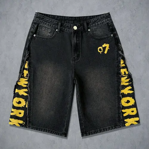 Men's Vintage Fashion Letter Print Denim Shorts, Casual Streetwear Clothes Outdoor Loose Baggy Wide-Leg Shorts, Trendy and Comfortable Menswear Summer Youth Bottoms
