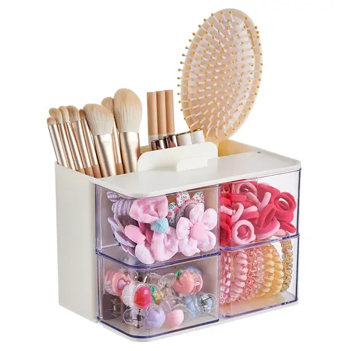 UFORU White Plastic 2-Layer Rotatable Hair Accessories Organizer with Hair Brush Holder, 4 Drawers, Divided Compartments, Durable Storage Boxes for Makeup Brushes, Jewelry, Durable Storage Organizer