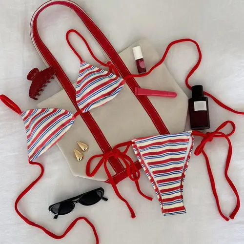 PEPPERMOLLY Women's Horizontal Striped Terry Cloth 2-Piece Bikini Set - Textured Triangle Top, Tie-Side Bottom Swimsuits 2 Piece for Beachwear, Two Piece Swimsuit