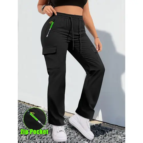 Women's Multi Pocket Zipper Casual Pants Drawstring Loose Straight Leg Outdoor Sports Pants Lightweight Elastic Waist Ankle Fitness Pants Multi Colors Everyday Wear