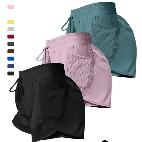 Women's Plain Pocket Drawstring Waist Elastic Sports Shorts, Quick-Drying 2-in-1 Wrap Gym Shorts, Casual Athleisure Running Shorts, Training Sportswear, Activewear Shorts