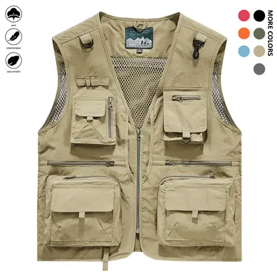 Men's Solid Color Lightweight All-Season Deep Cargo Vest Jacket with Multi-Pocket Outdoor Workwear for Fishing, Safari, Travel & Zippered Door Panels - Machine Washable (Vest & Jacket can be worn separately or together) Gilet Beige