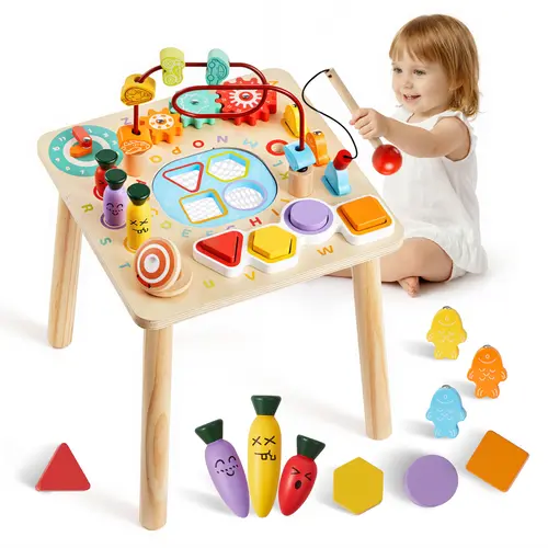VEVOR Wood Montessori Activity Table - 8-in-1 Full-Sensory Learning Center, 0.6 Inch Thick Wood, Bead Maze Challenge, for 6-9 Months Babies & Toddlers, Daily Play & First Words Early Education Toy#BacktoSchool