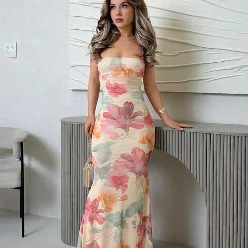 Elegant All Over Floral Print Backless Dress for Women, Summer Beachwear, Boho Style, Ideal for Tropical Vacation, Wedding Guest Dress, Party Dress