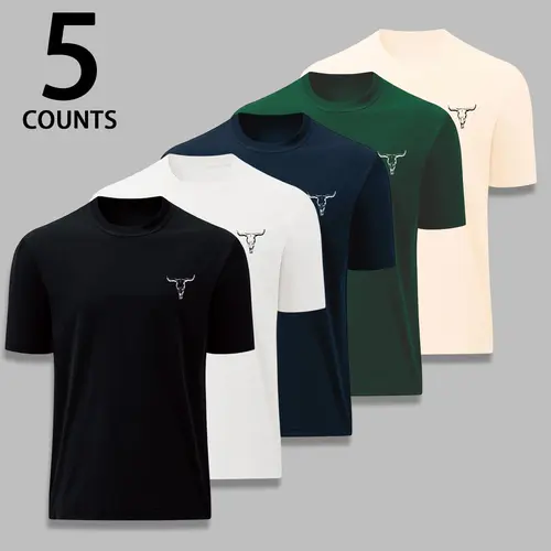 Men's 5-Pack Fashion Short Sleeve T-Shirts - Fitted Round Neck, Soft Polyester Basics, Assorted Bull Head Graphic Print & Plain Streetwear Tops, Shortsleeve