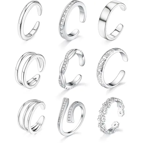 Women's 9-Piece 18 Karat Gold Filled & Silver Adjustable Copper Base Stackable Toe Rings, Fashion Body Jewelry for Summer Beach