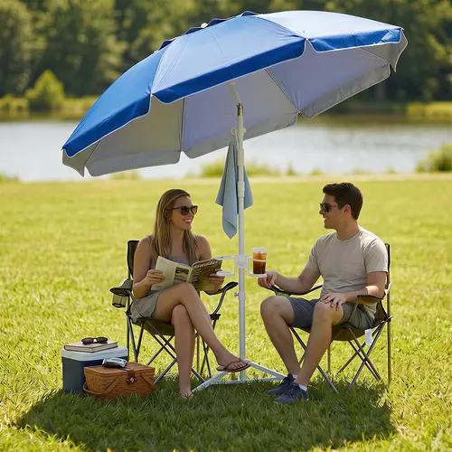 Portable Umbrella with Base Stand, UPF 50+ Outdoor Sun Shade Umbrella with Carry Bag, Built-in Hook & Cup Holders, Adjustable Instant Sun Protection for Game, Sports, Backyard, Patio, Camping, Beach, Fishing, Royal Blue, Summervibes, DealsForYouDays