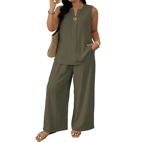 Eytino Plus Size 2 Piece Sets for Women Summer Travel Vacation Outfits Sleeveless Tops Wide Leg Pants Matching Sets(1X-5X)
