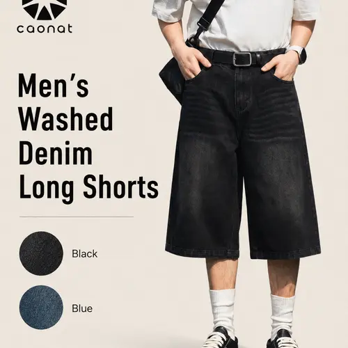 CAONAT Men's Baggy Denim Jorts - Soft Washed Fabric, Lightweight, Breathable, Elastic Waist, Wide Legs, Plain, Below Knee Mens Clothing, Summer Casual Fashion Streetwear Bottoms (Pairs with Outfits, Clothes, Father's Day Gift)