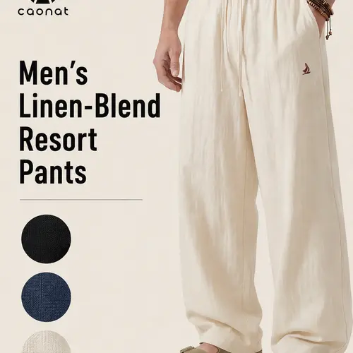 CAONAT Men's Linen-Rayon Blend Loose-Fit Full Length Pants - Plain, Lightweight Male Clothing with Adjustable Drawstring Elastic Waistband, Breathable Below the Ankle Summer Trousers for Beach, Father's Day Gift (Black, Beige), Fabric, Soft