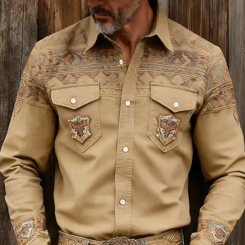 Men's Western Retro 3D Digital Print Graphic Button Long Sleeve Shirt, Casual Deep Distressed Daily Wear