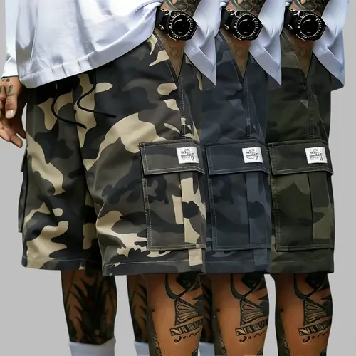 Men's Camo Cargo Shorts, Loose Fit Breathable Athletic Shorts with Elastic Drawstring Waist and Utility Pockets for Gym Workouts, Breathable Printed Shorts, Drawstring Sports Shorts