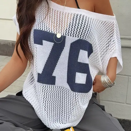 Summer Ice Silk Hollow Out Asymmetrical Shoulder Digital Print Sexy Pullover, Fashion Casual Loose Fit Breathable Drop Shoulder Knit Top for Women, Knit Pullover Tops, Graphic Pullover, Knitwear, Womenswear