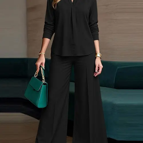 Women's Casual Basic Chic Elegant Solid Color Ruched Set, V-Neck Long Sleeve Blouse and High Waist Wide Leg Pants Design, Perfect for Daily Commuting and Travel Clothes