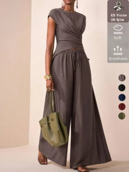 Women's Viscose Material Waist Cinched Sleeveless Blouse, Casual Long Pants Set, All Seasons Fashion Style