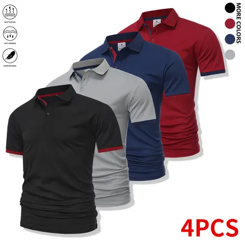 4-piece set: men’s casual short-sleeve polo shirt set featuring a comfortable relaxed fit and a classic turn-down collar shirt, suitable for work, golf, travel, and everyday wear,summervibes.