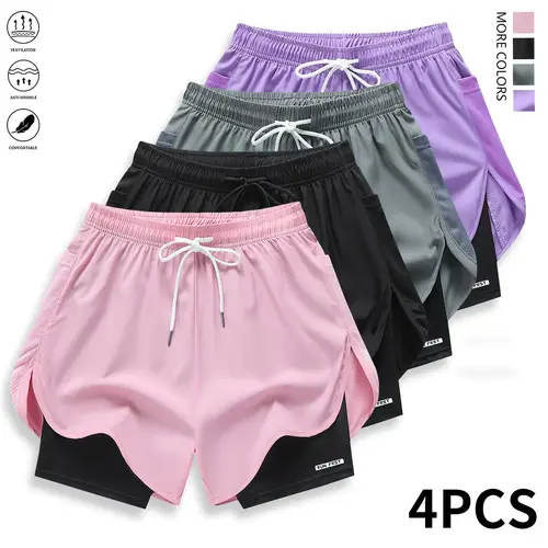 Women’s Athleisure Casual Shorts, Mid-Waist Athletic Bottoms with Faux 2-Piece Design, Solid Color Looks Clean and Polished, Lined Polyester Fabric, Adjustable Drawstring Waistband, Loose Fitting Shorts for Outdoor Workouts, Summer Apparel