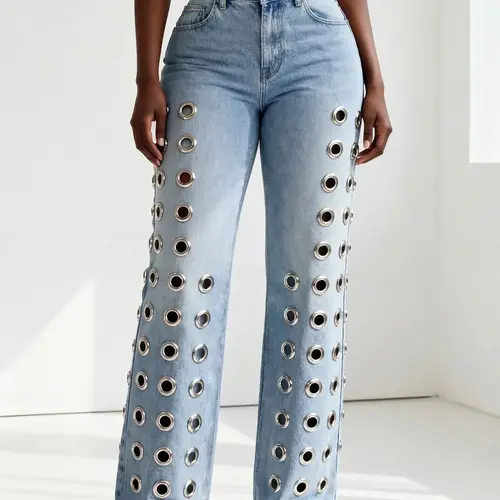 Women's Elastic Comfort High-Waisted Wide Leg Hollow Out Jeans, Straight Leg Denim Jeans for All Seasons, Casual Fitted Plain Streetwear Jeans