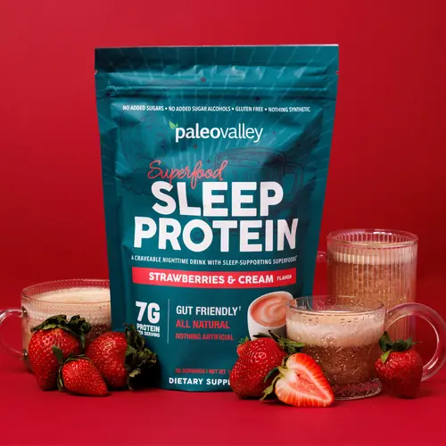 Paleovalley Sleep Drink Superfood Protein Powder, Strawberries and Cream, Melatonin and Magnesium from Whole-Food, 7g Grass-Fed Bone Broth Protein, for Nighttime Rest, 30 Servings