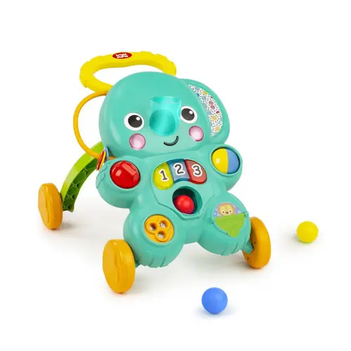 Bright Starts Stroll 'n Roll 2-in-1-Ball Push Walker – Includes 3 Toy Balls, Elephant with 70+ Songs & Sounds, 7 Activities - Ball Drop, Piano, Spinner, Flip Book & More