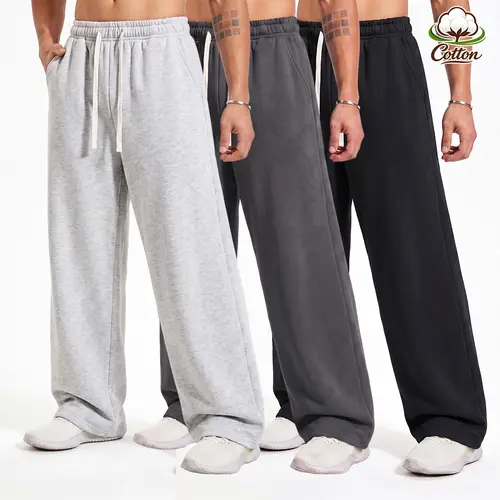 3-Pack Men’s Cotton Solid Color Drawstring Straight Leg Athletic Pants, Regular Fit, Breathable and Comfortable, Suitable for All Seasons, Ideal for Everyday Activities