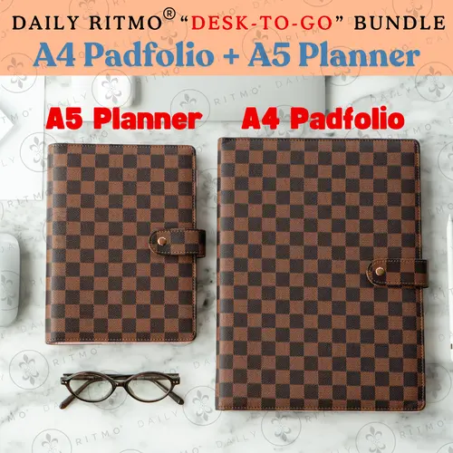DAILY RITMO Desk-to-Go 2-in-1 Office Bundle - Hardcover Faux Leather Checkered A4 Padfolio, A5 Planner Notebook, Binder & Binder Accessories for Daily Planning, Store Documents at Work