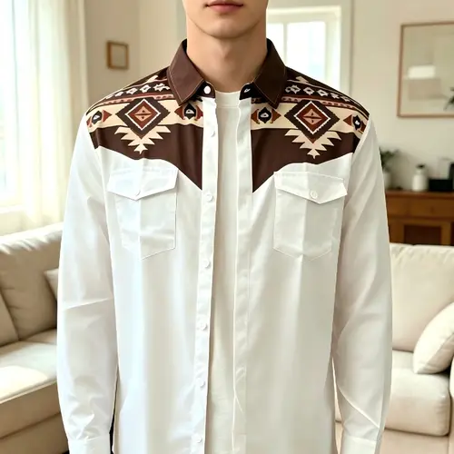 Men's Casual Button Up Classic Western Collared Long Sleeve Shirt with Cross Scroll Pattern, Digital Print Design, Collared Shirts, Perfect for Daily Wear and Parties, Ideal Gift for Holidays, Menswear