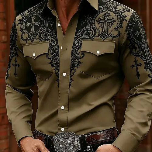 Men's Casual Western Collared Long-Sleeve Shirt with Cross Scroll Digital Graphic Print Design, Casual Country Shirt, Casual Fashion Shirt, Ideal Gift for Holidays, Menswear for Daily Wear and Parties
