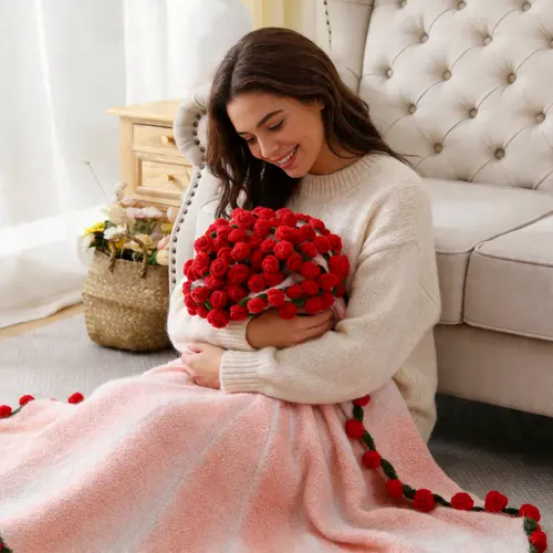 DOWNCOOL 【Back to School】Handmade Crochet Flower Bouquet Blanket - Rose, Sunflower, Lily of the Valley, Breathable Durable French Country Blanket, Romantic Valentine's Day/Anniversary Gifts for Her, Home Decor for Bed/Sofa