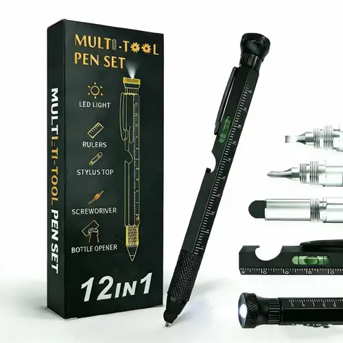 12-in-1 Multitool Ballpoint Pen - LED Light, Ruler, Stylus Top, Screwdriver, Bottle Opener - Work Accessories, Mini Useful Items - Unique Gifts for Man, Gifts for Boyfriend (Father's Day, Valentine's Day)