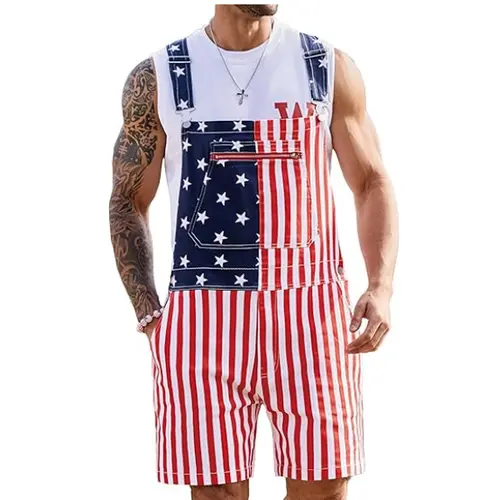 Yuanbang 250th Anniversary Shorts 4th of July American Flag Overalls for Men USA Stretchy Denim Romper Memorial Day Coveralls Independence Day Patriotic Gifts Father's Day Workwear Summer Jumpsuits Fashion Menswear Outdoor Clothes Hat & Socks Included