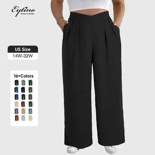 Eytino Womens Plus Size Wide Leg Pants Crossover Waist Pleated Front Casual Work Pants Lounge Trouser with Pockets(1X-5X)