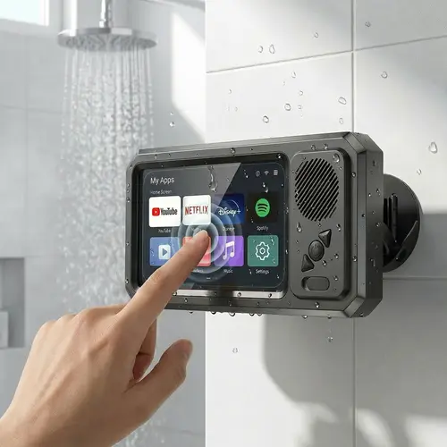 Waterproof 360-Rotating Touch Screen Bluetooth Speaker with Phone Holder, Sound System for Bathroom, Kitchen, Smartphone Connection, Audio Equipment for Devices