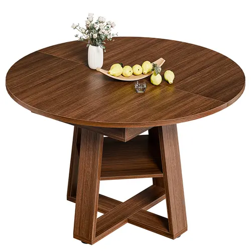 Sweetcrispy Convertible Extendable Round-Oval Dining Table - 4-8 Seats, Wood Pedestal Indoor Table with Hidden Storage Shelf, Waterproof Coating, Space-Saving Modern Style, Works as Dining or Craft Desk